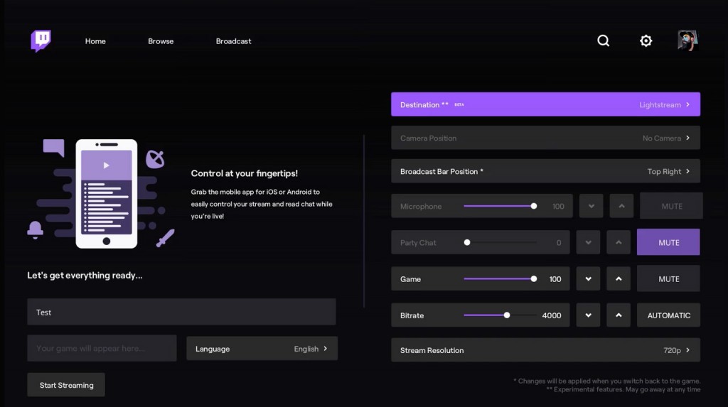 Download and log in to the Twitch app on your Xbox One, go to the broadcast tab, and set your stream settings. Make sure to choose “Lightstream” as your destination.