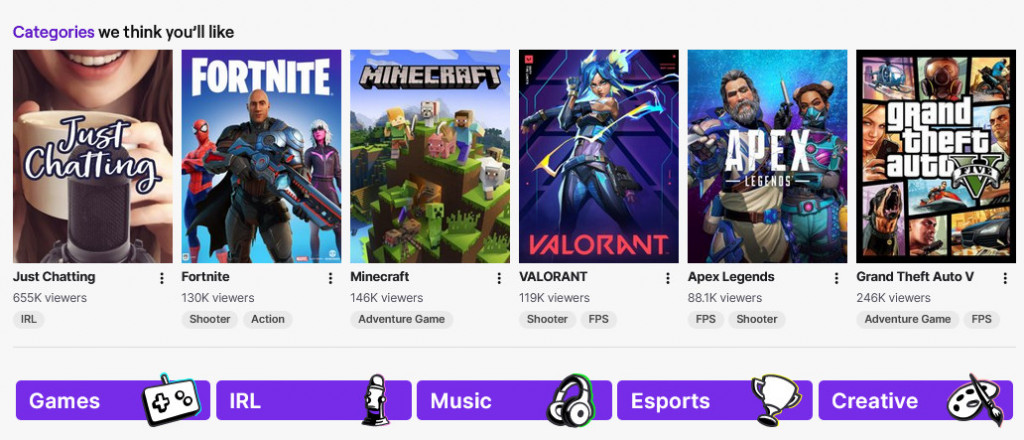 Twitch Game Streaming Categories