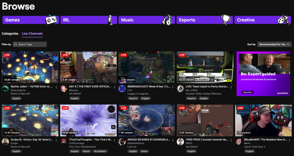 Twitch feature browse