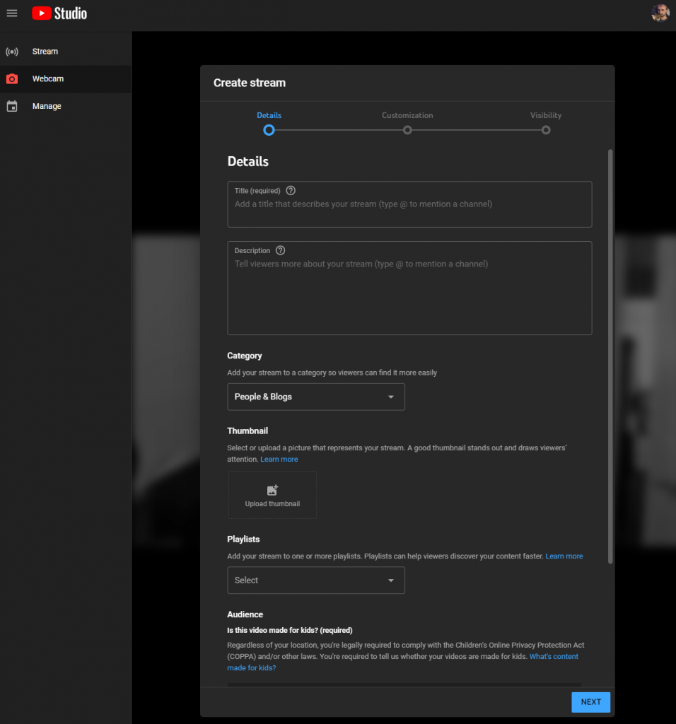 Youtube Live stream create Settings