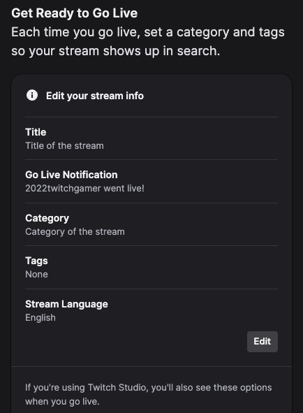Twitch Live Channel settings